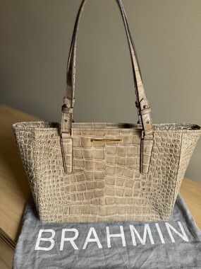 Brahmin Taupe Croc-Embossed Leather Shoulder Tote